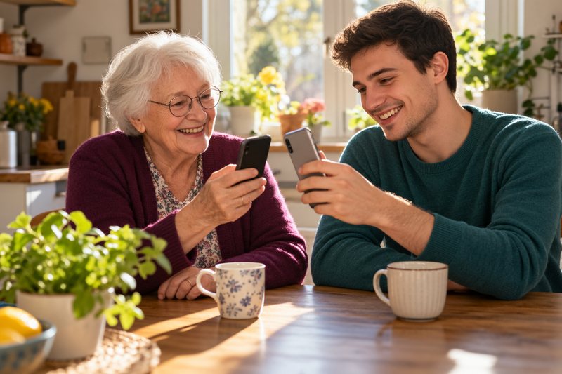 Oma und Enkel sitzen lachend am Küchentisch und halten ihre Handys aneinander