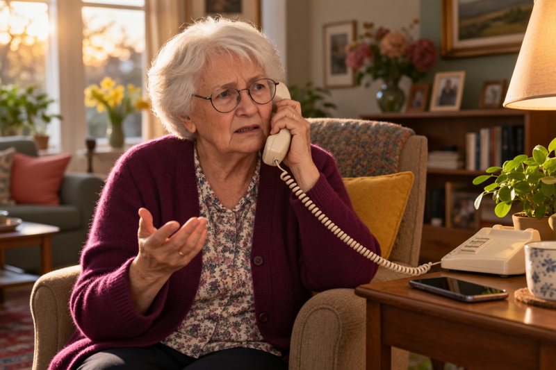Oma im Sessel mit dem Festnetzhörer am Ohr, skeptischer Blick, daneben liegt ihr Smartphone