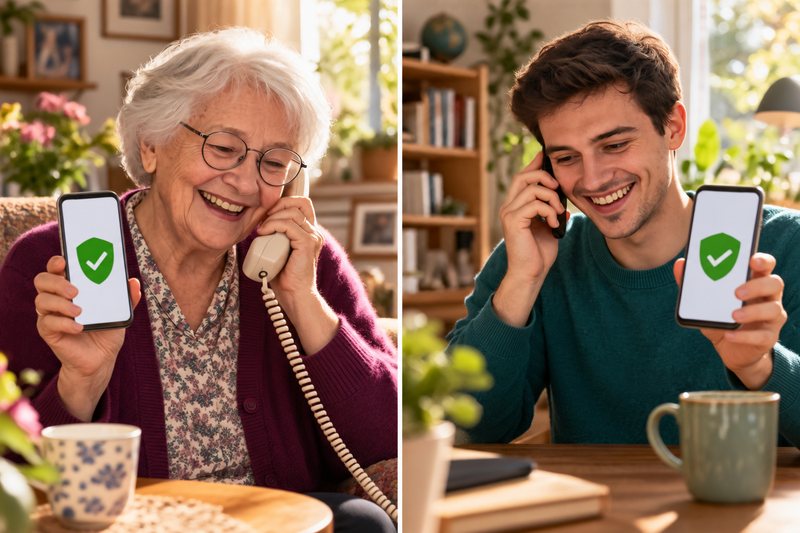 Oma und Enkel telefonieren lachend, beide Handys zeigen ein grünes Häkchen